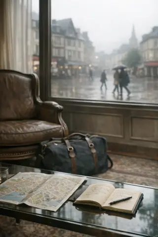 Subtle hotel lobby scene with travel bag, open map and notebook on table, misty street seen through large windows, evoking quiet preparation for a Deauville weekend.